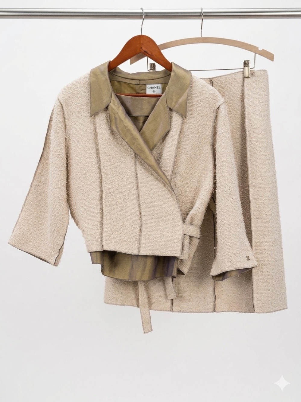 CHANEL Cream Bouclé Jacket & Skirt with Olive Satin Trim & Blouse